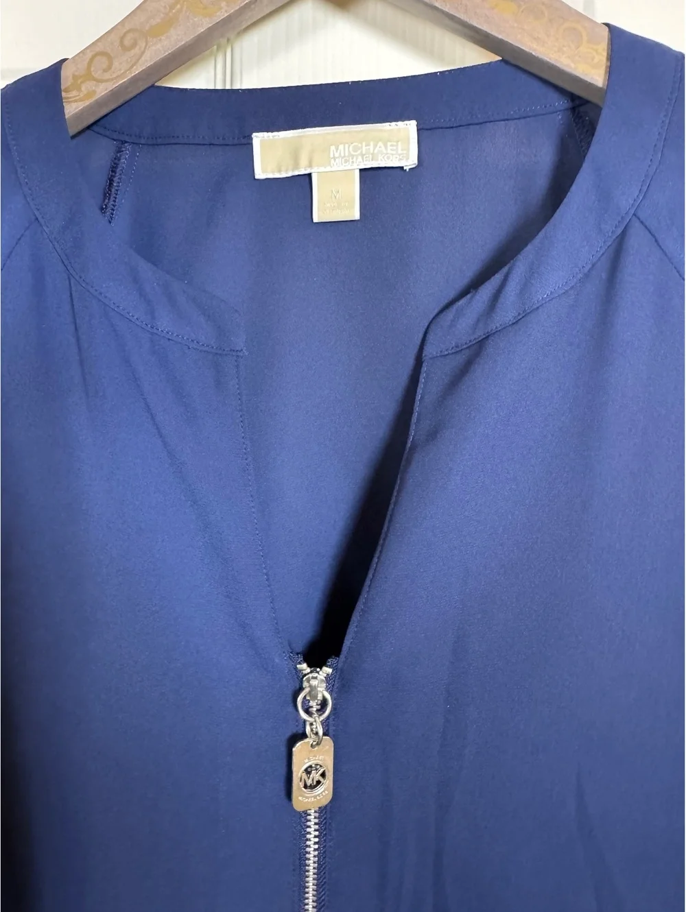 Michael Kors Navy Blue Long Sleeve Sheer Blouse with Zip Detail Size M